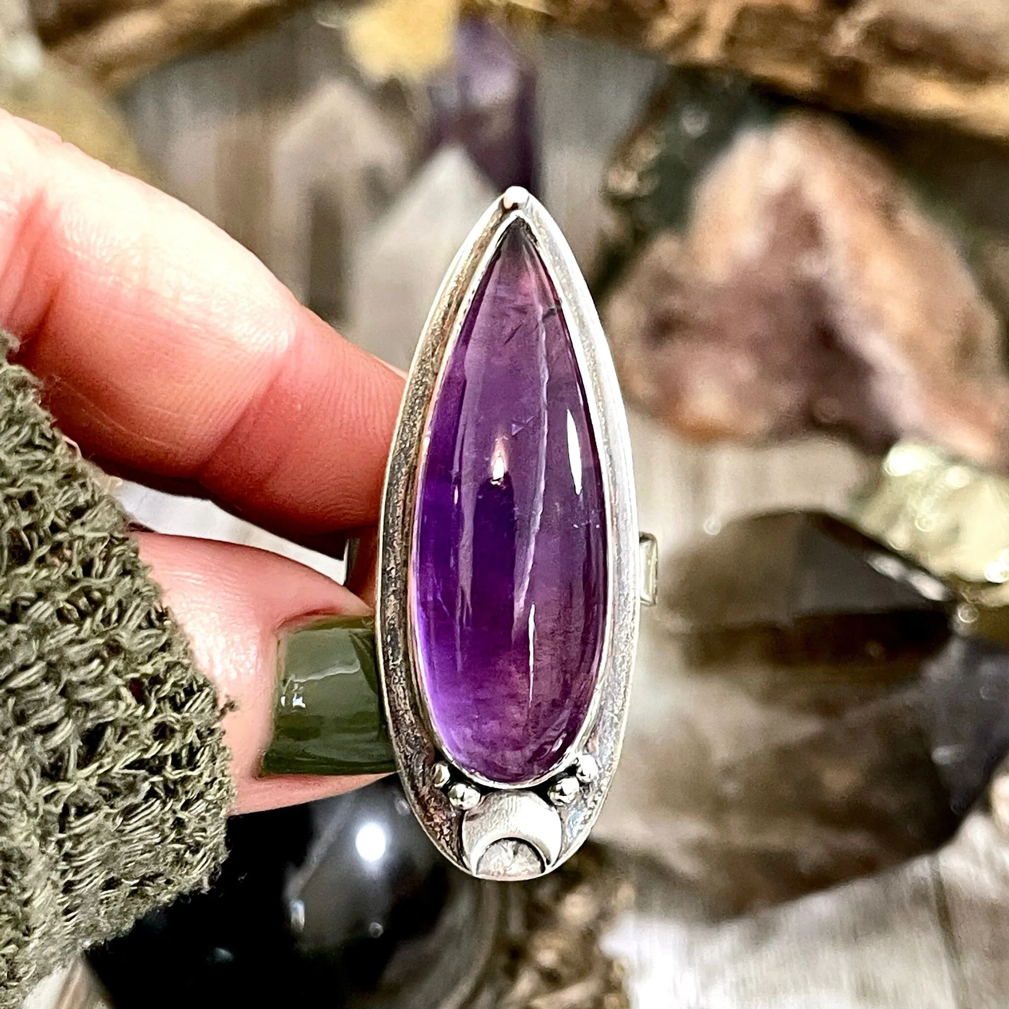 Amethyst Crystal Ring in Sterling Silver, Magic Moon Ring Purple - Designed by FOXLARK Collection Adjustable to Size 6 7 8 9 10 / Crystal Witchy Jewelry