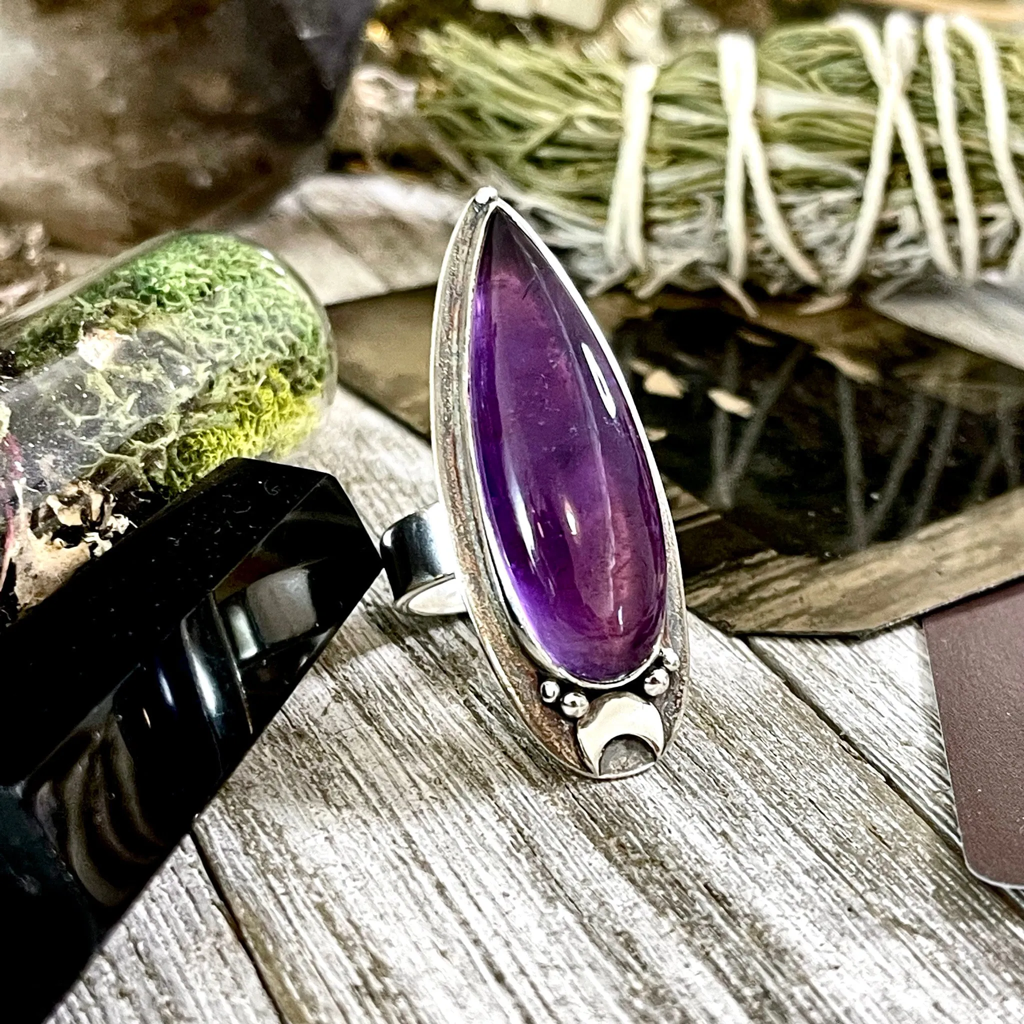 Amethyst Crystal Ring in Sterling Silver, Magic Moon Ring Purple - Designed by FOXLARK Collection Adjustable to Size 6 7 8 9 10 / Crystal Witchy Jewelry