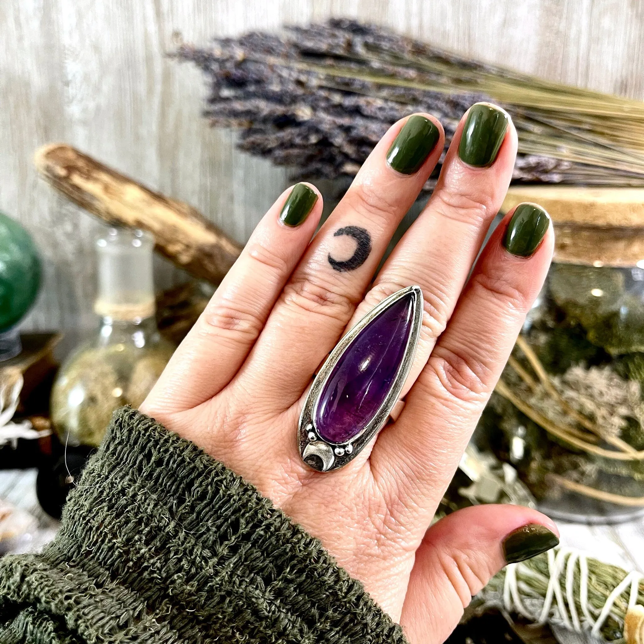 Amethyst Crystal Ring in Sterling Silver, Magic Moon Ring Purple - Designed by FOXLARK Collection Adjustable to Size 6 7 8 9 10 / Crystal Witchy Jewelry