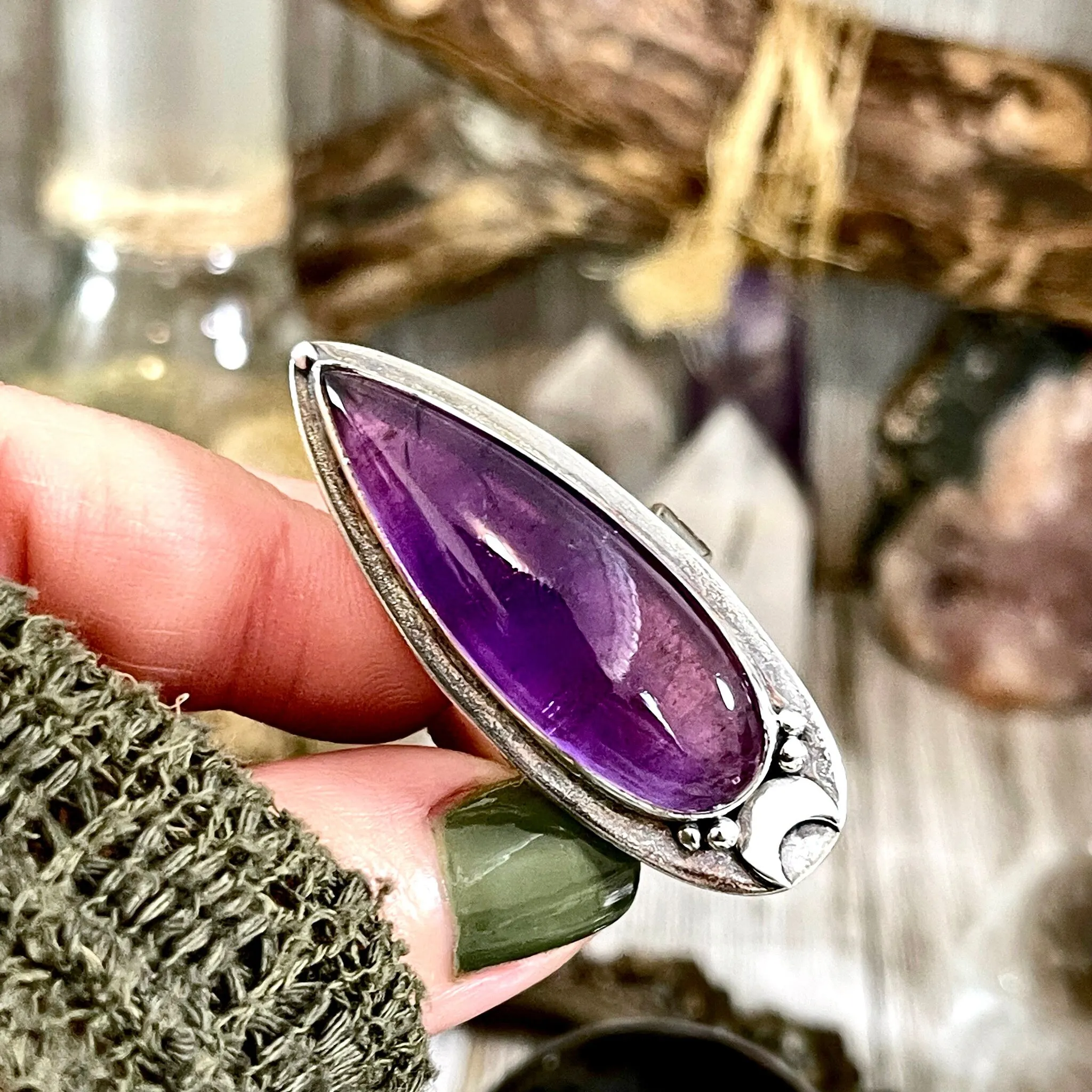 Amethyst Crystal Ring in Sterling Silver, Magic Moon Ring Purple - Designed by FOXLARK Collection Adjustable to Size 6 7 8 9 10 / Crystal Witchy Jewelry