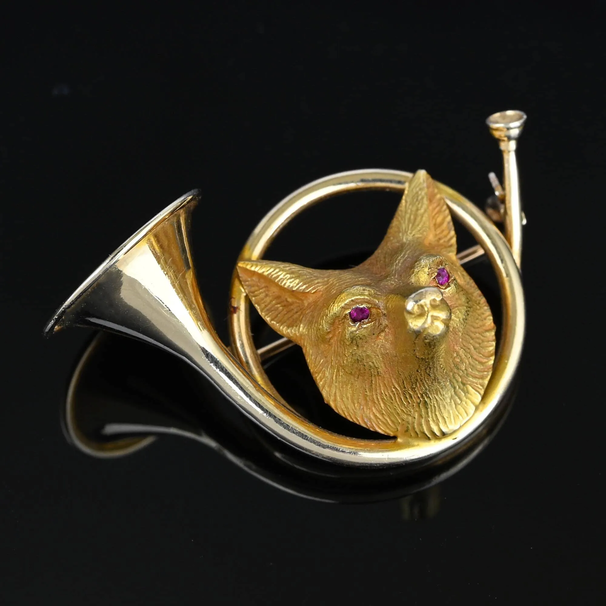 Antique 14K Gold Hunting Horn Ruby Eye Fox Brooch