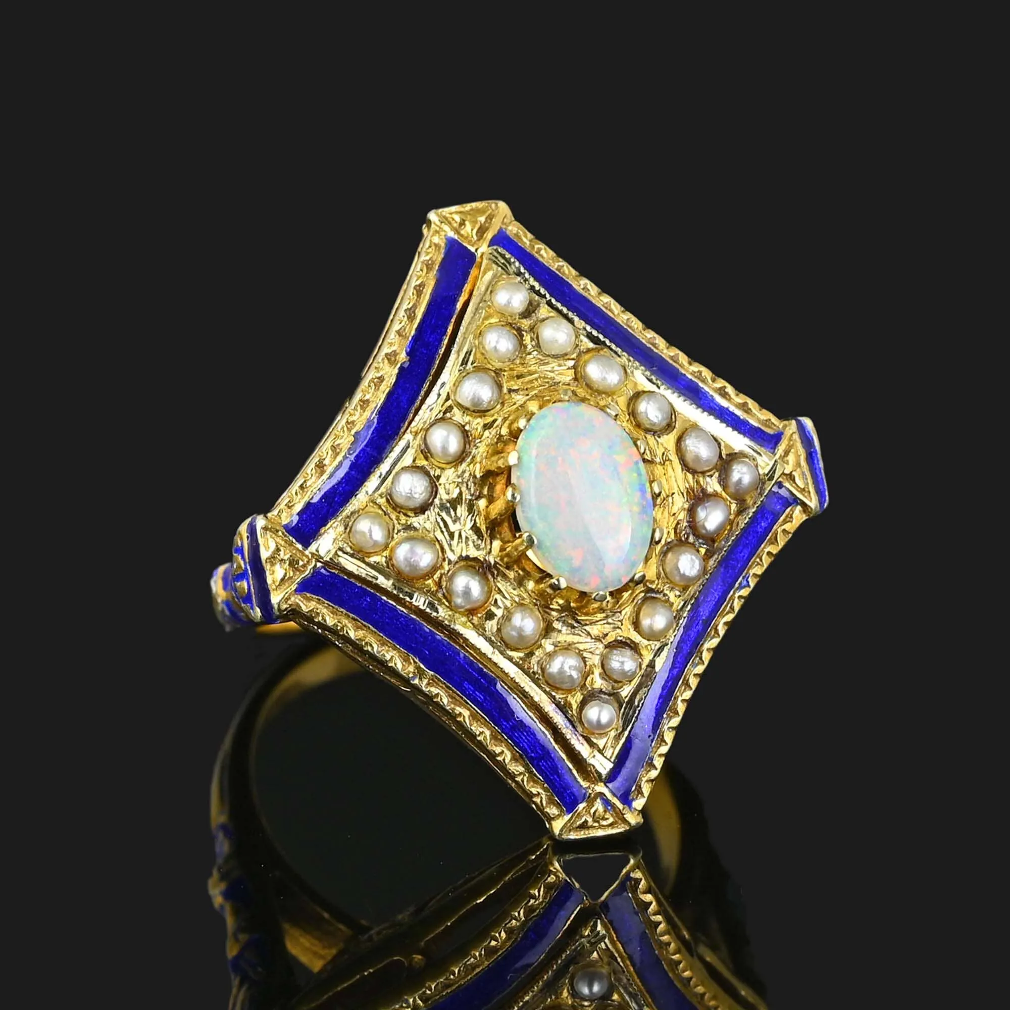 Antique Blue Enamel Pearl Opal Ring in 14K Gold