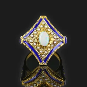 Antique Blue Enamel Pearl Opal Ring in 14K Gold