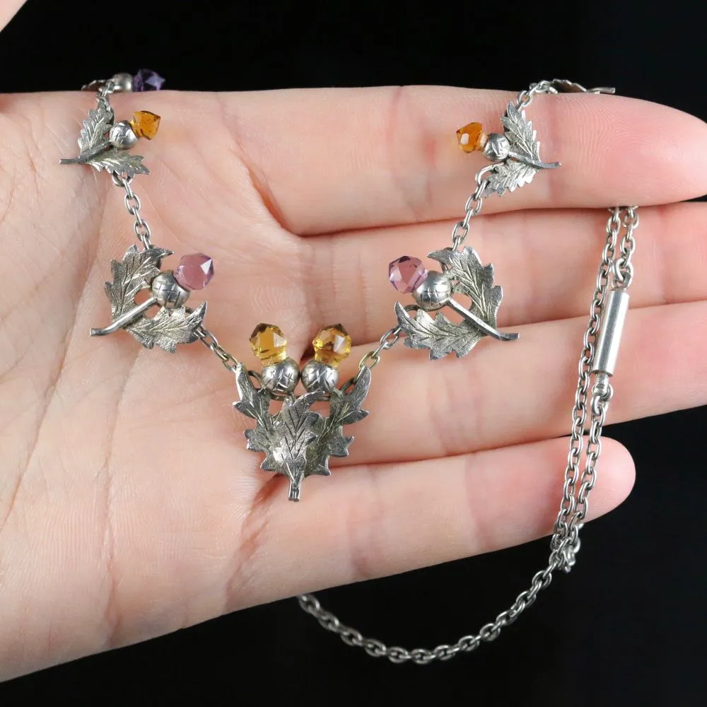 Antique Edwardian Citrine Amethyst Scottish Thistle Necklace Birmingham 1906