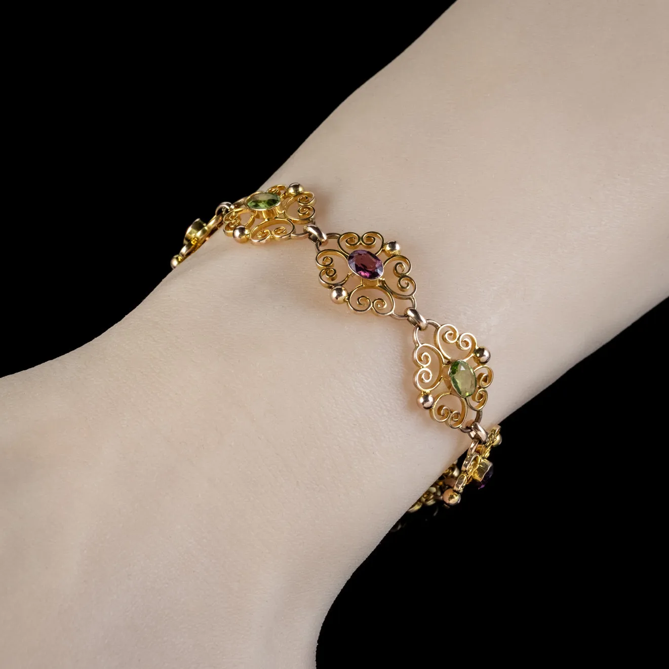 Antique Edwardian Padlock Bracelet 9Ct Gold Garnet Peridot Circa 1902 Ernst Gideon Bek Boxed