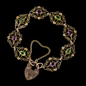 Antique Edwardian Padlock Bracelet 9Ct Gold Garnet Peridot Circa 1902 Ernst Gideon Bek Boxed