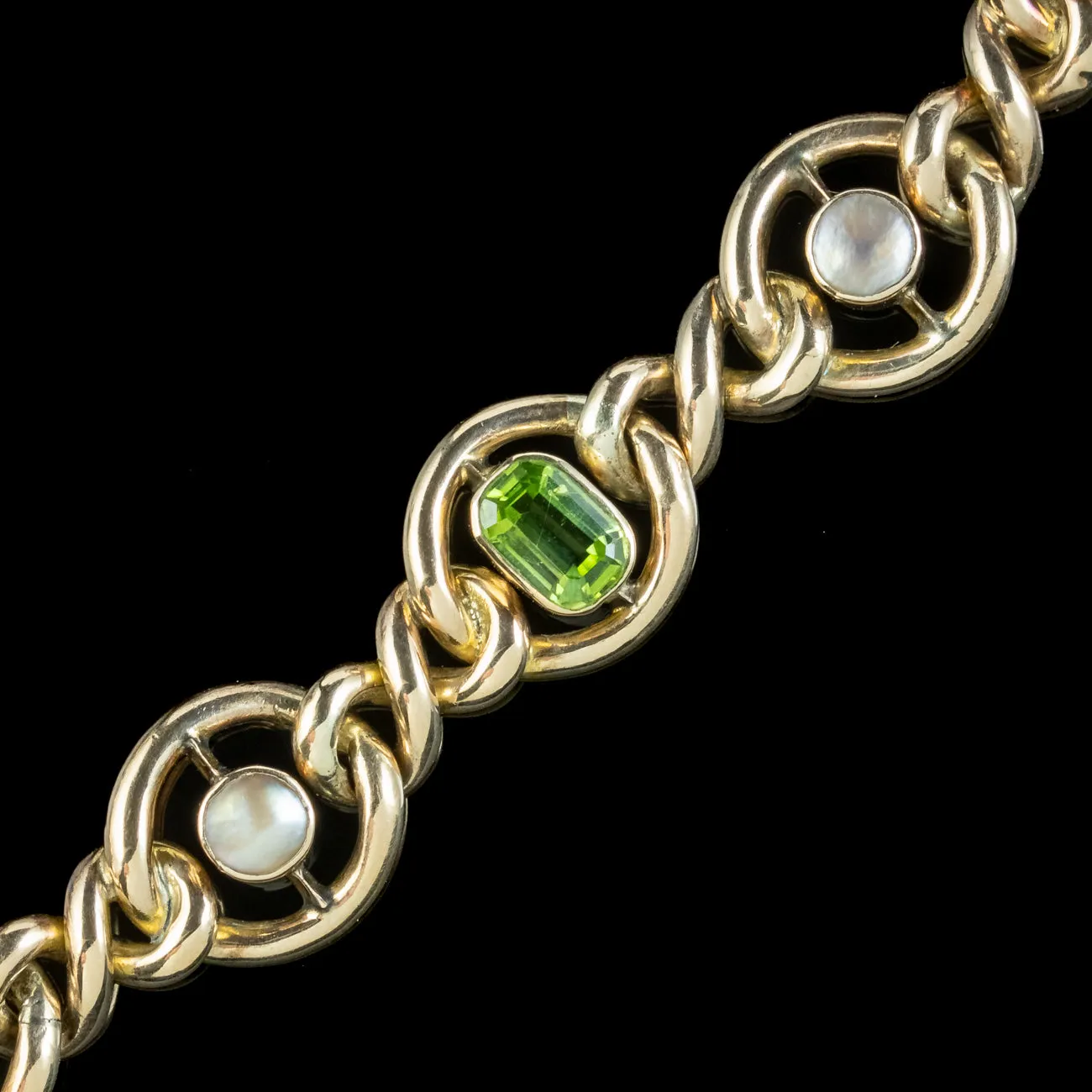 Antique Edwardian Peridot Pearl Curb Bracelet 9ct Gold