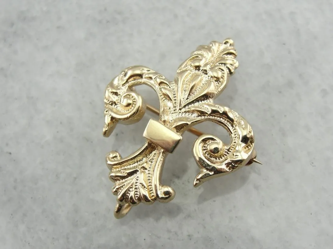 Antique Fleur De Lis Brooch in Fine Chased Gold