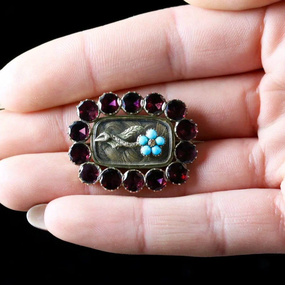 Antique Georgian Flat Cut Garnet Forget Me Not Turquoise Mourning Gold Brooch Circa 1790