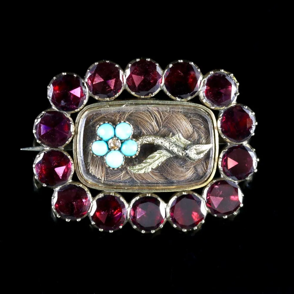 Antique Georgian Flat Cut Garnet Forget Me Not Turquoise Mourning Gold Brooch Circa 1790