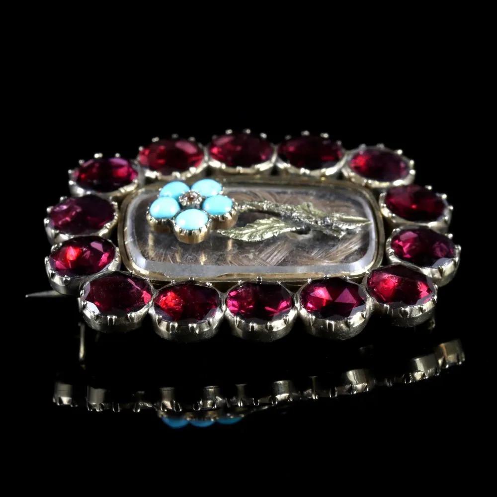 Antique Georgian Flat Cut Garnet Forget Me Not Turquoise Mourning Gold Brooch Circa 1790