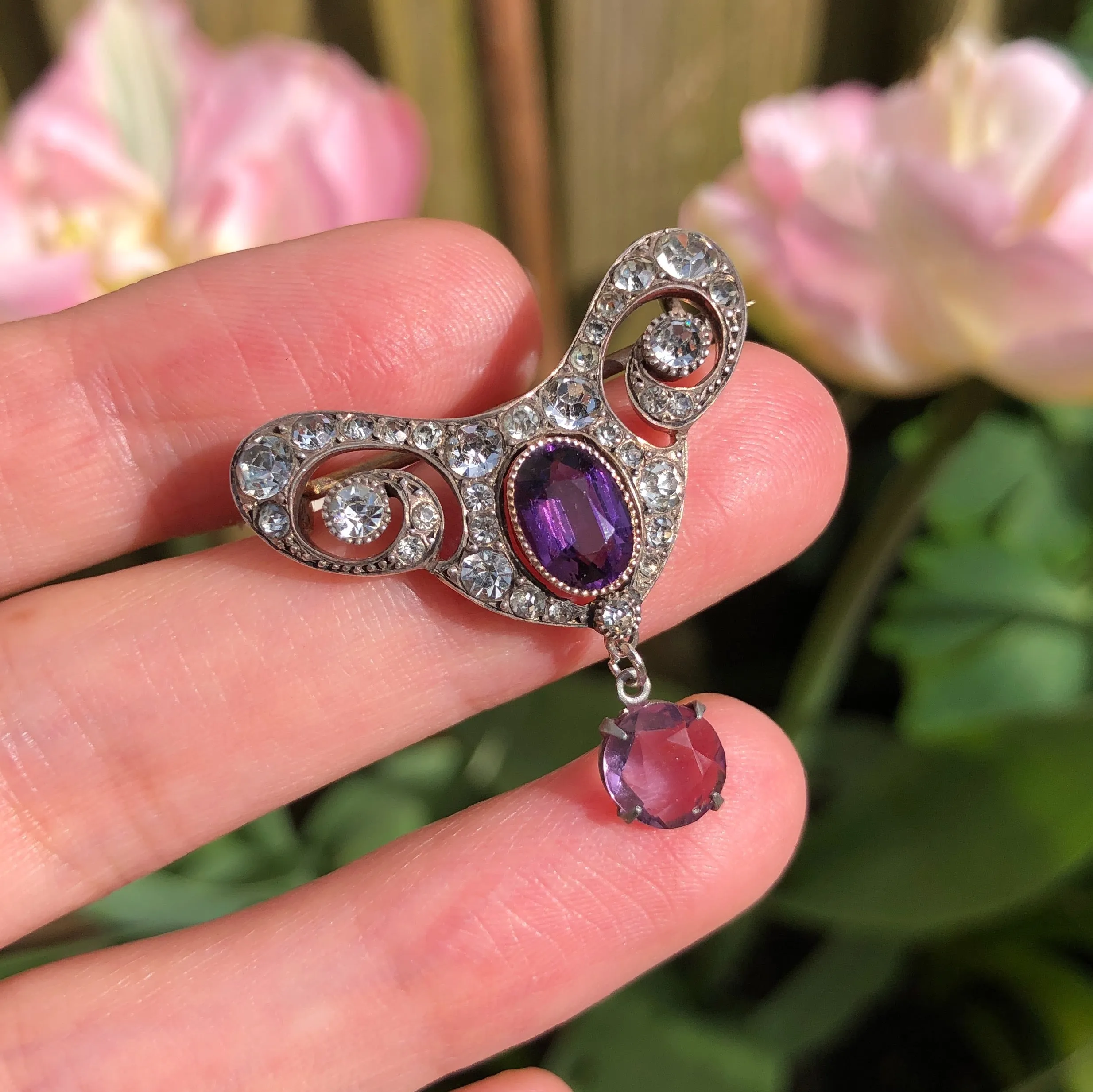 Antique Silver Amethyst Paste Brooch