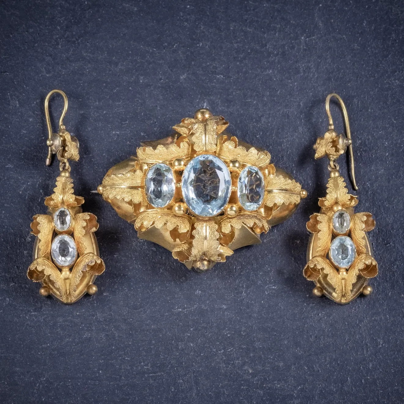 Antique Victorian 18Ct Gold Aquamarine Brooch And Earrings Set Circa 1860 Boxed