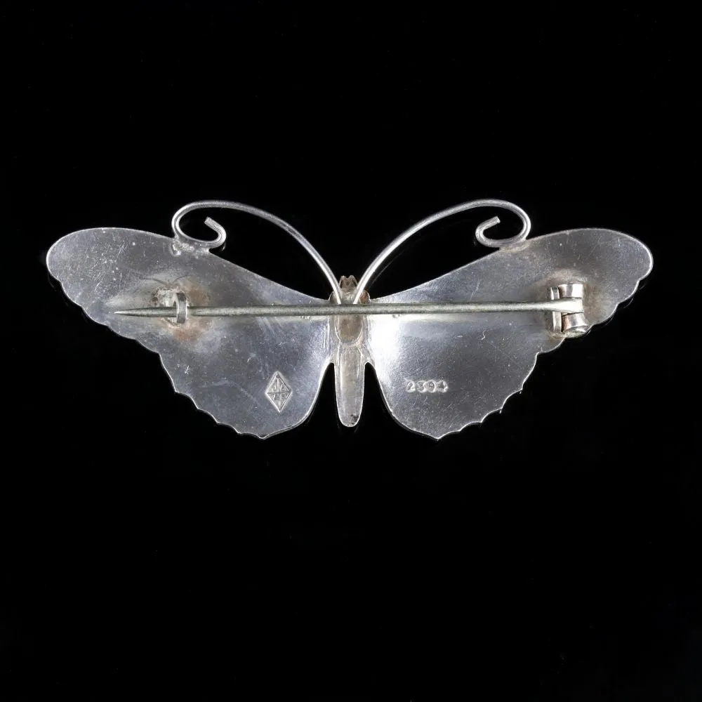 Antique Victorian Enamel Butterfly Brooch Silver Circa 1900