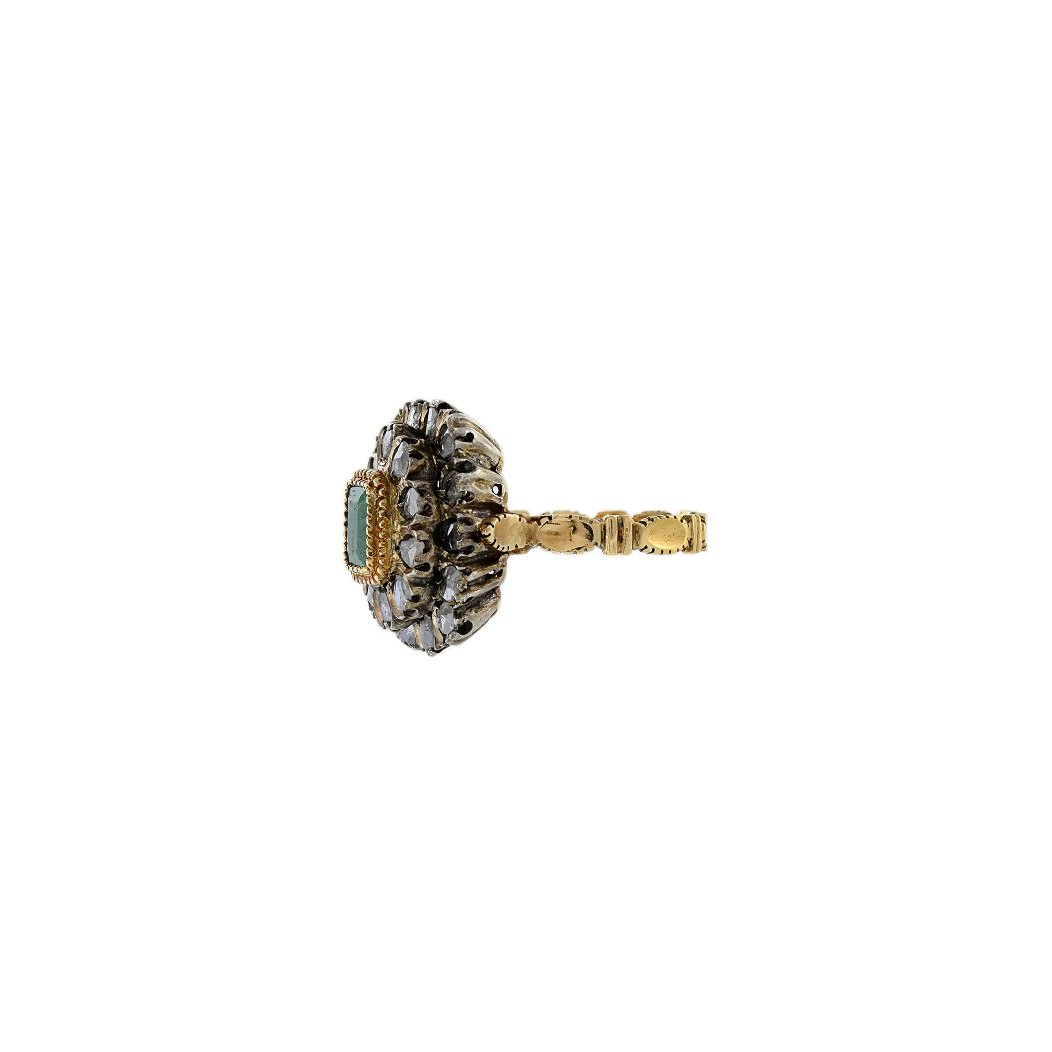 Antique Victorian Era 18KT Yellow Gold Silver Top Emerald And Diamond Ring