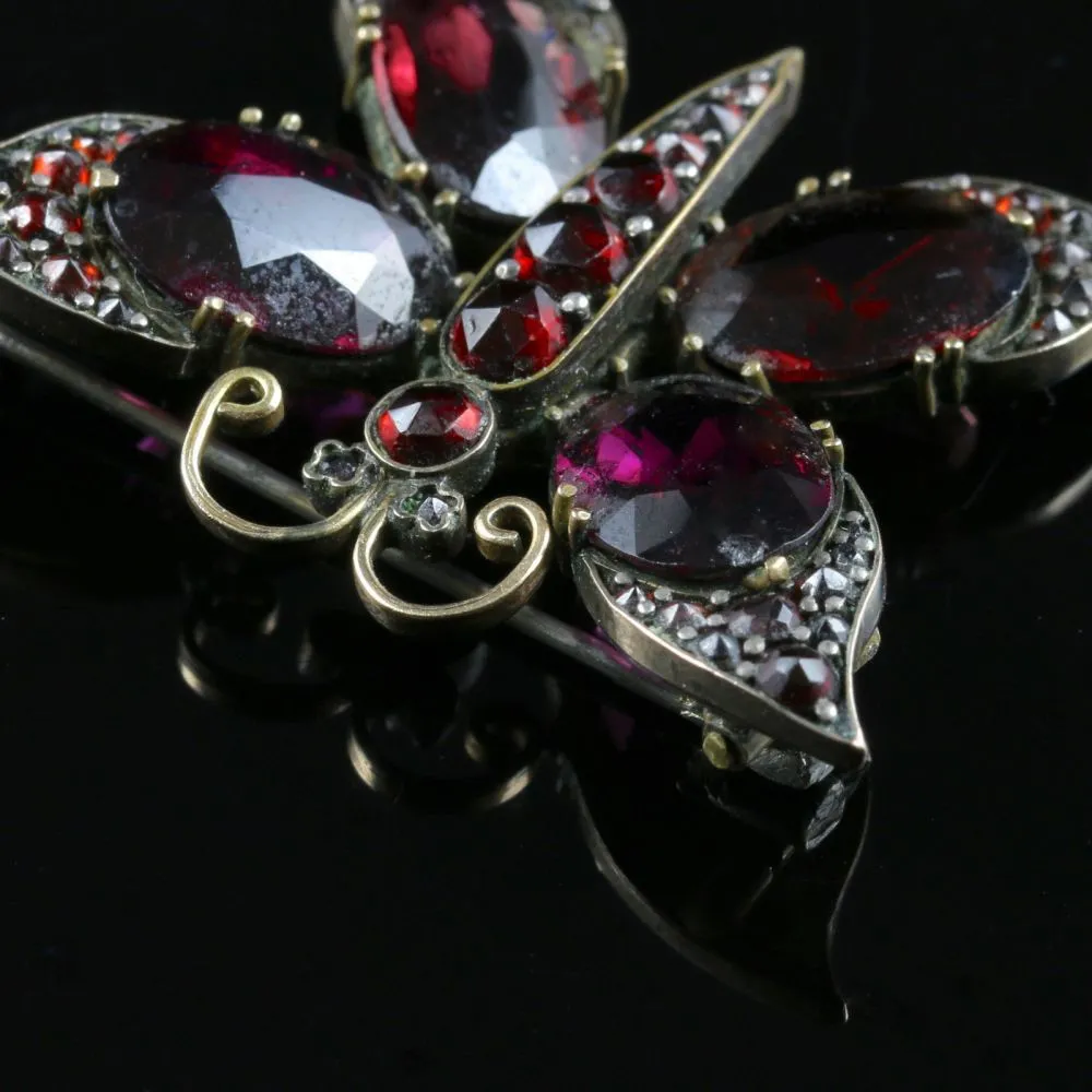 Antique Victorian Garnet Butterfly Gold Brooch Circa 1880