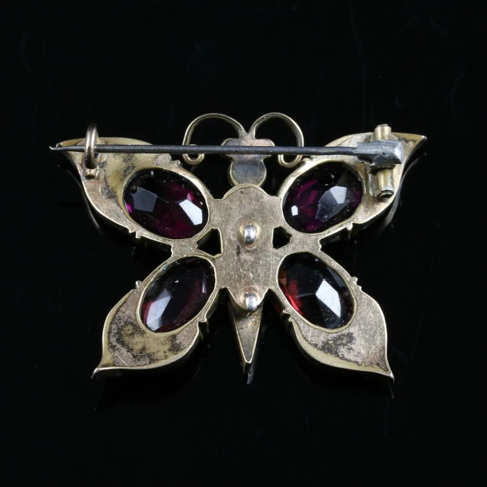 Antique Victorian Garnet Butterfly Gold Brooch Circa 1880