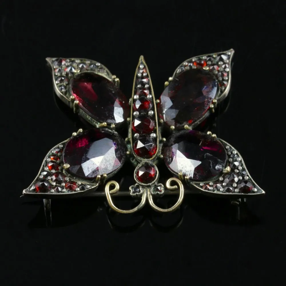 Antique Victorian Garnet Butterfly Gold Brooch Circa 1880