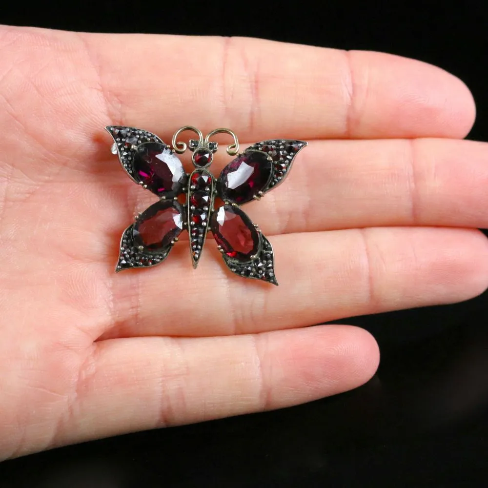 Antique Victorian Garnet Butterfly Gold Brooch Circa 1880