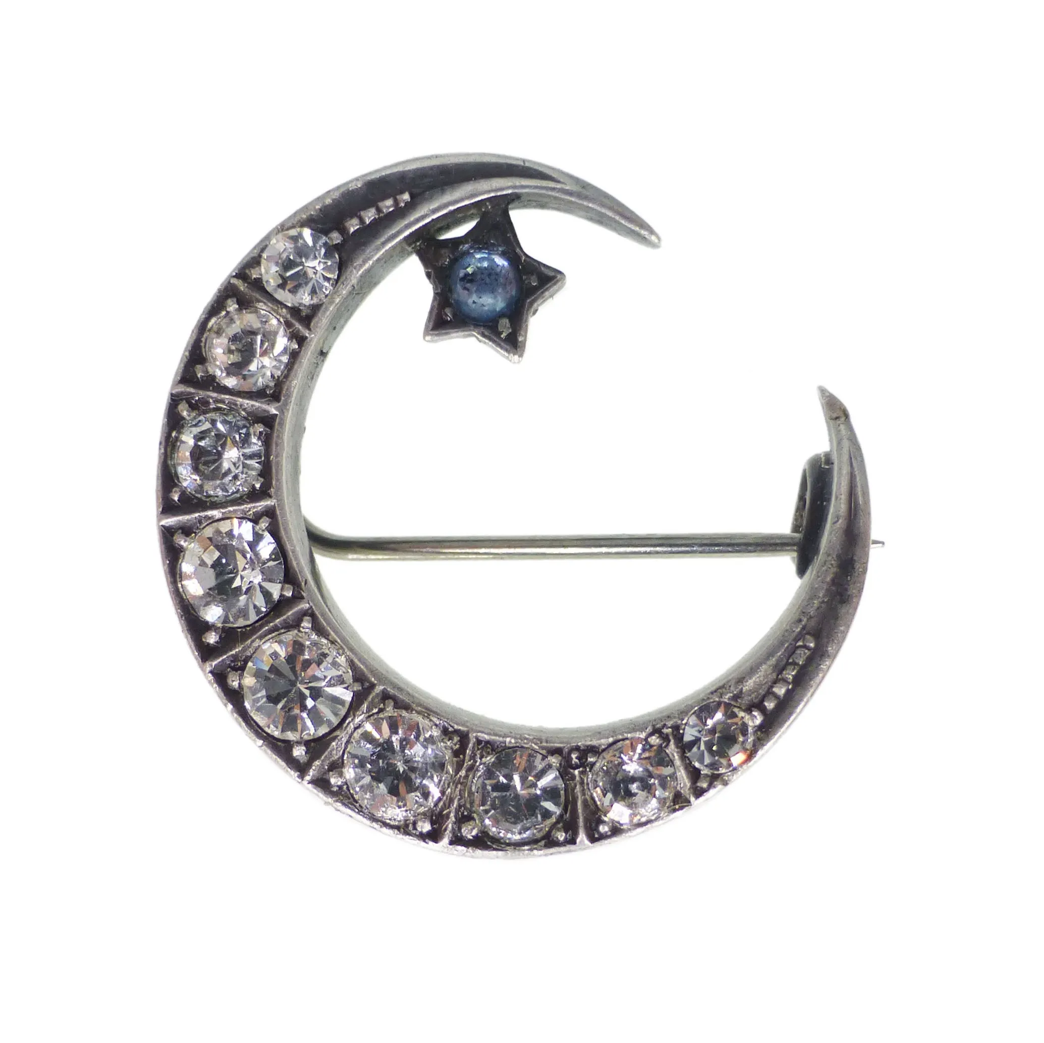 Antique Victorian Silver Crescent Moon Paste Brooch