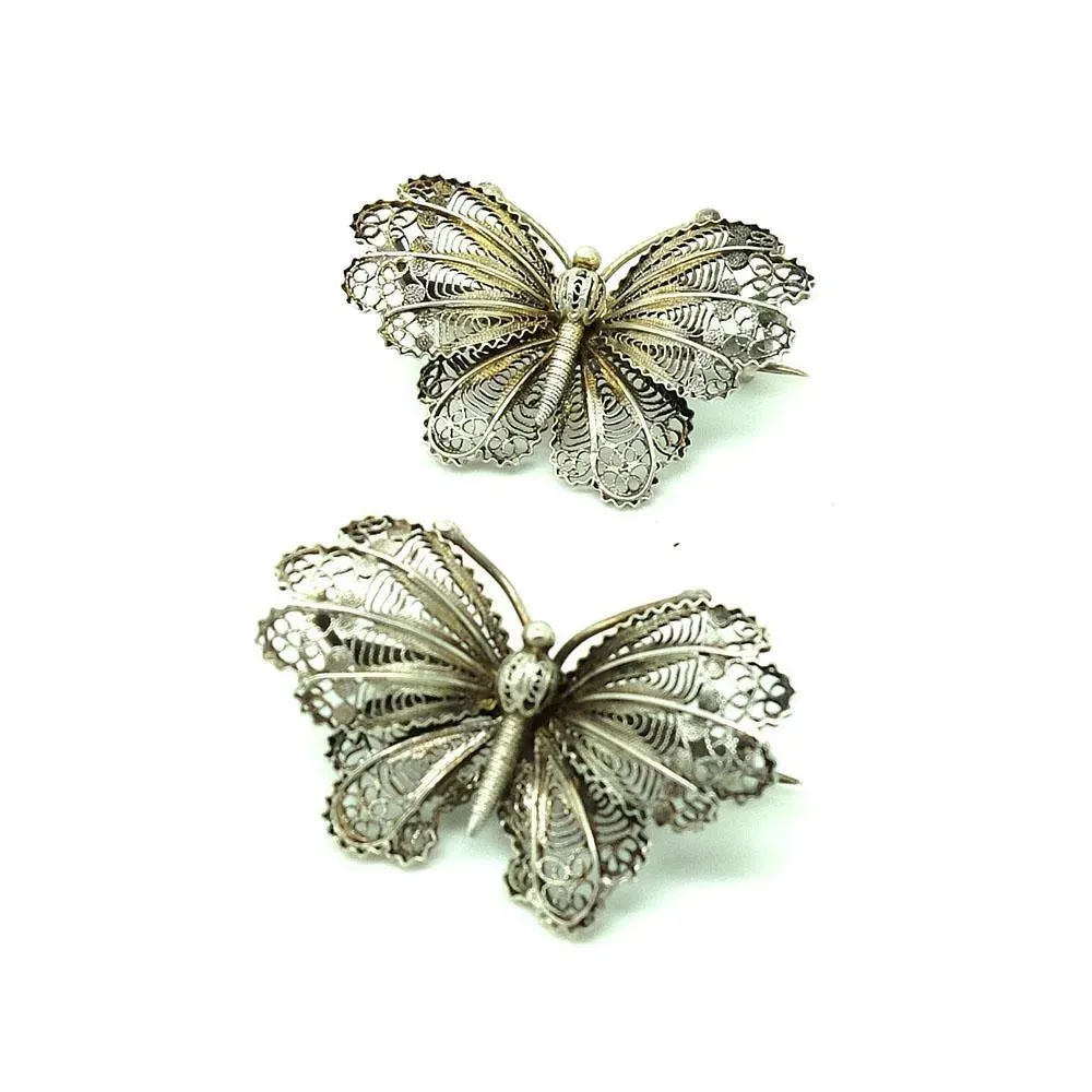 Antique Victorian Silver Filigree Butterfly Brooches