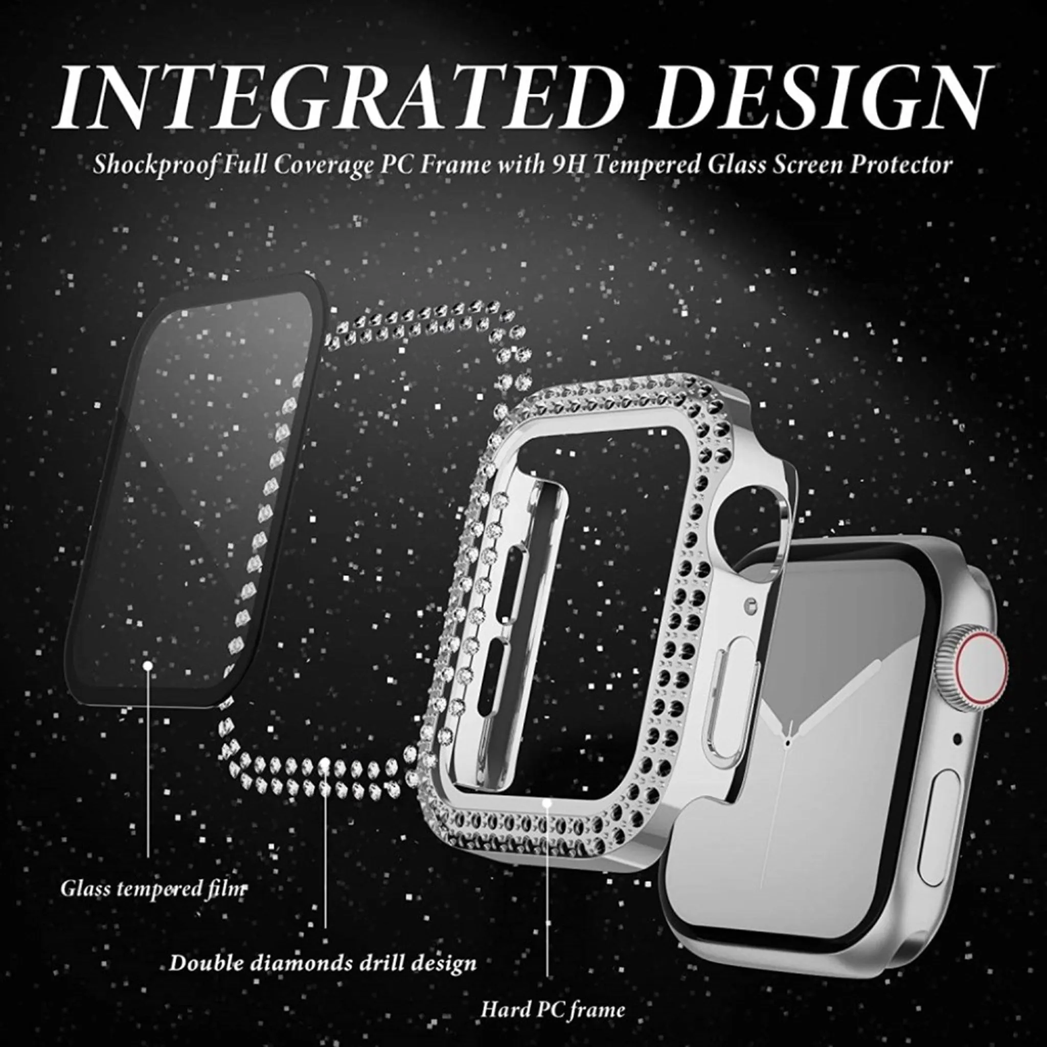 Apple Watch 40mm rhinestone décor cover   tempered glass - Silver