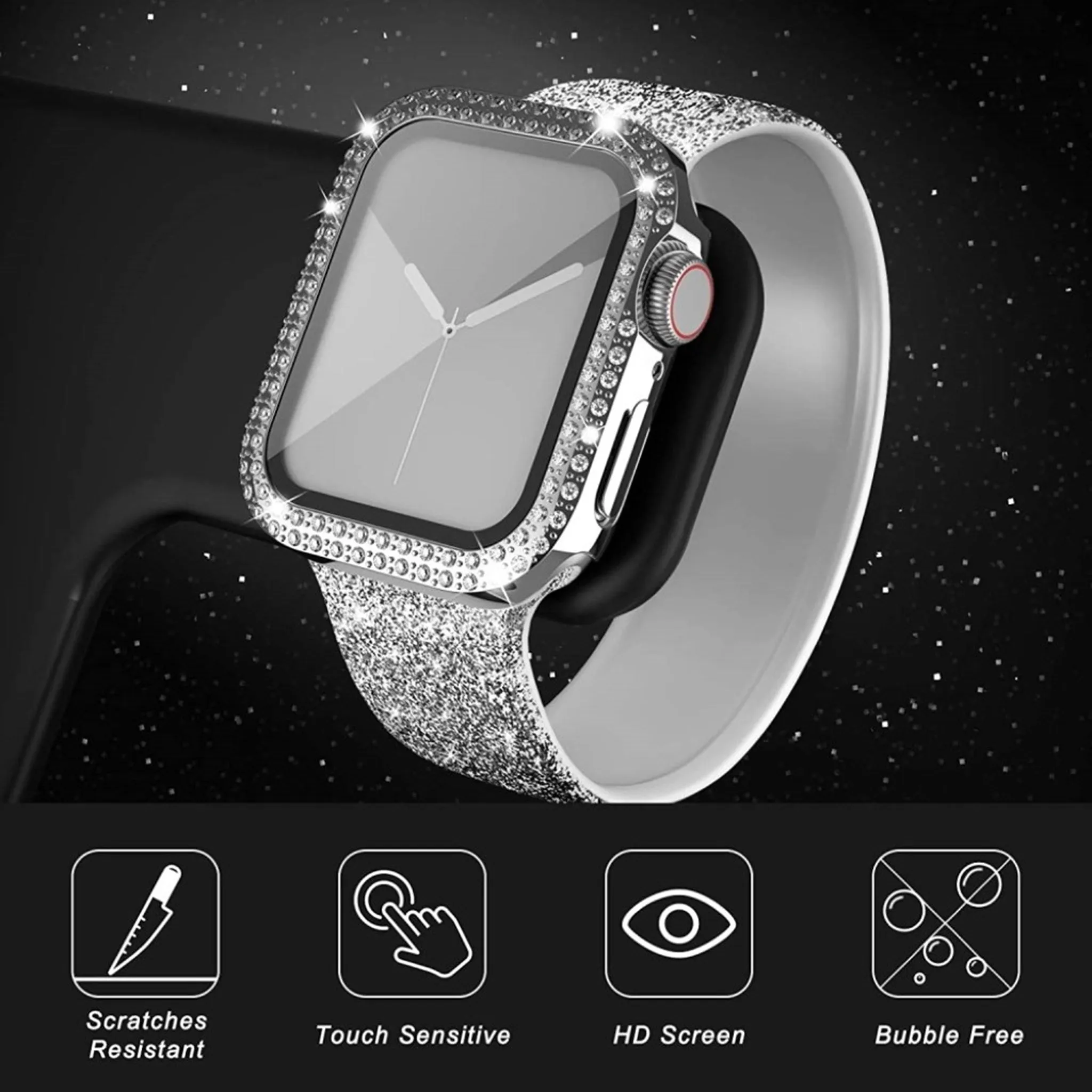 Apple Watch 40mm rhinestone décor cover   tempered glass - Silver