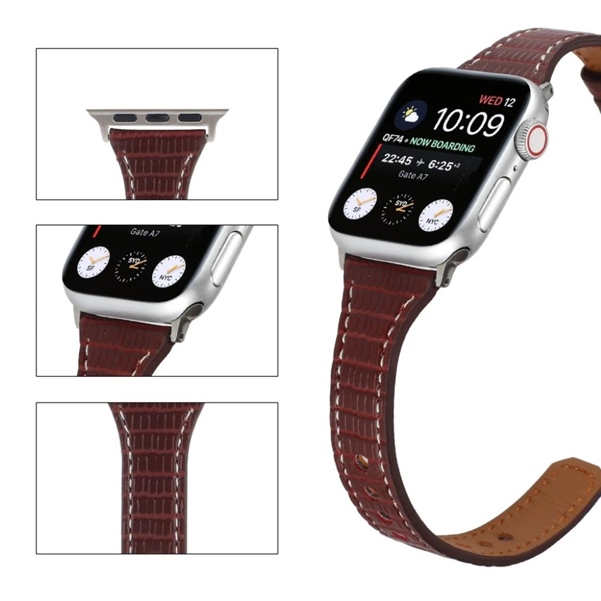 Apple Watch 44mm bamboo textured genuine leather watch strap - Brown