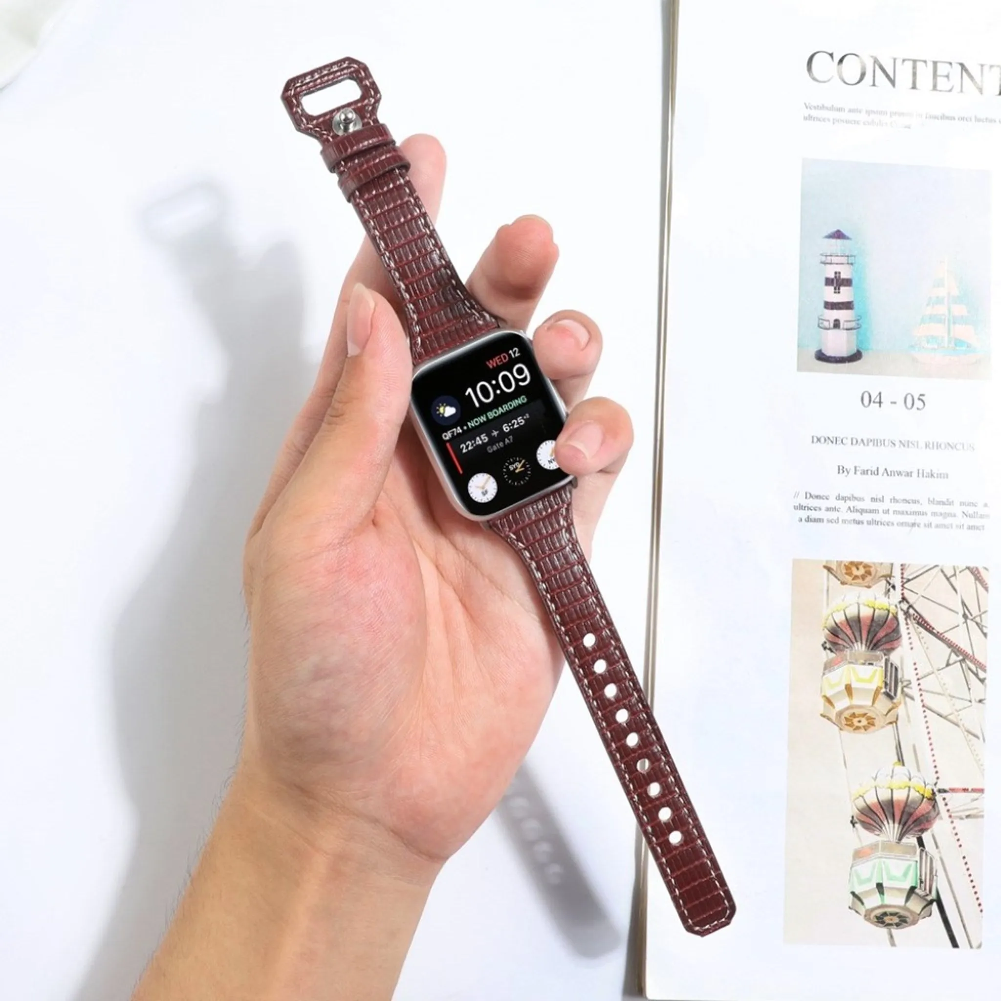 Apple Watch 44mm bamboo textured genuine leather watch strap - Brown