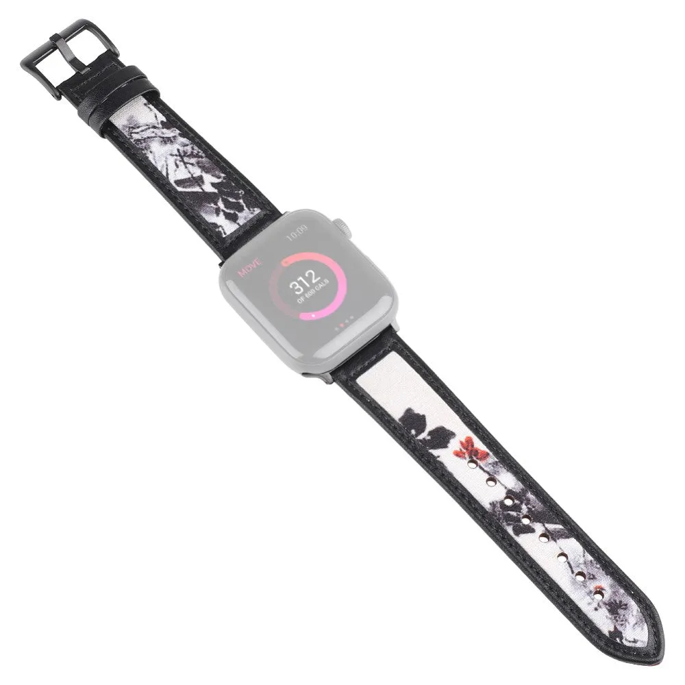 Apple Watch (45mm) ink painting genuine leather watch strap - Black