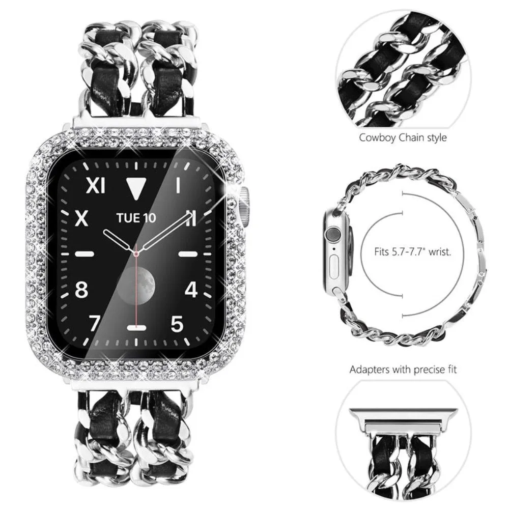 Apple Watch Series 3/2/1 42mm elegant stainless steel with rhinestone cover - Silver / Black Leather