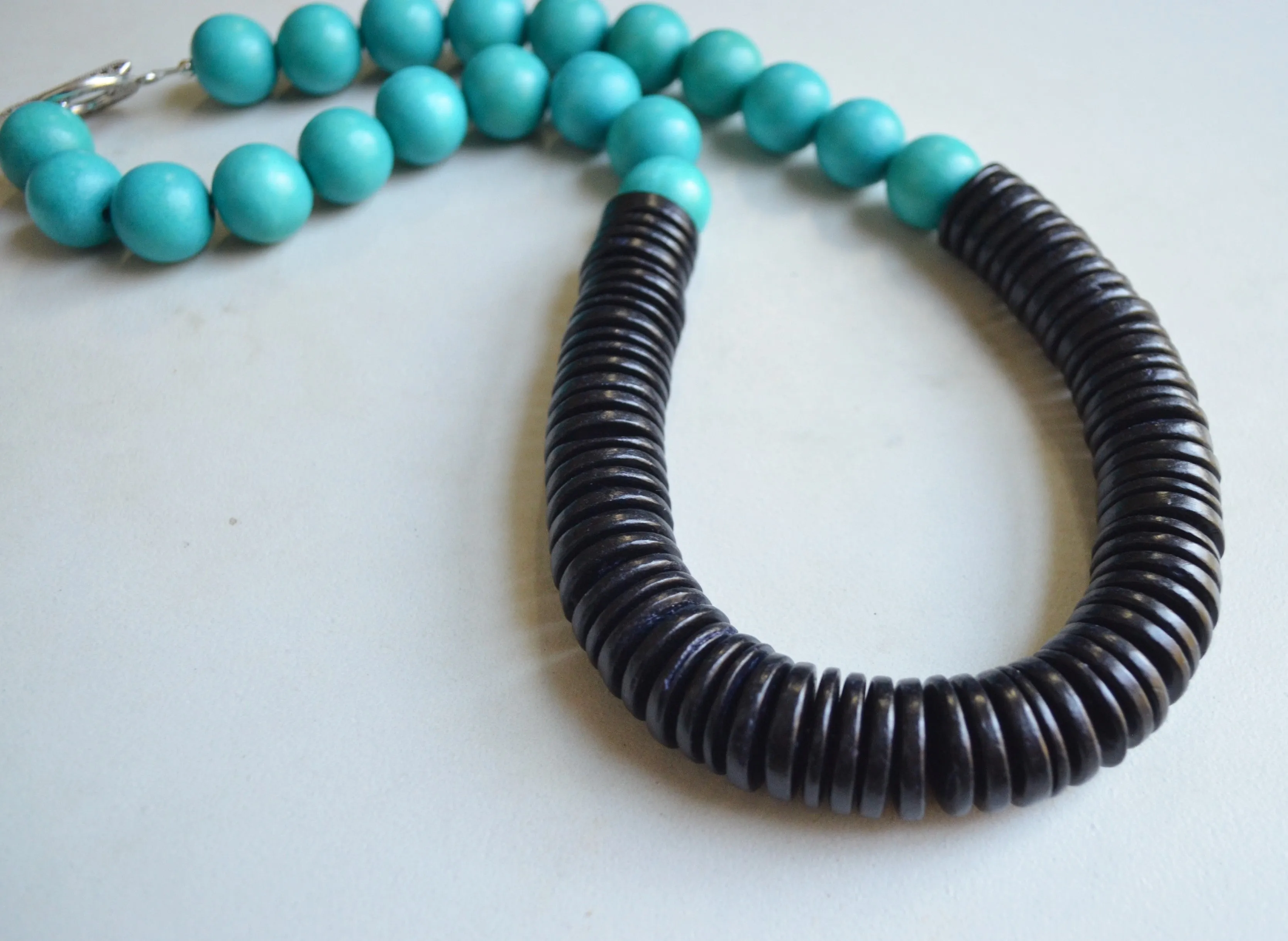 Aqua Blue Black Chunky Wood Long Beaded Statement Necklace - Elena