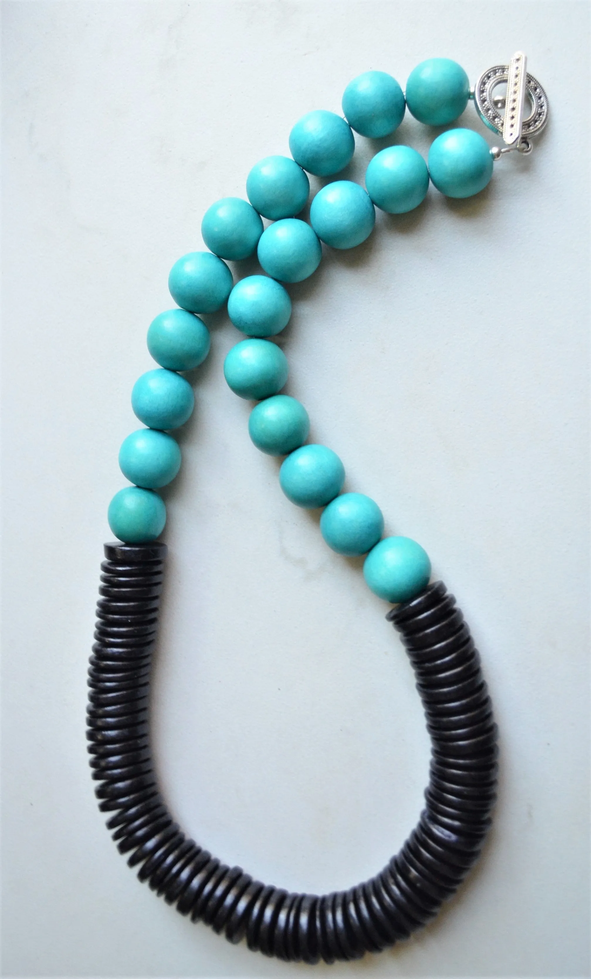 Aqua Blue Black Chunky Wood Long Beaded Statement Necklace - Elena