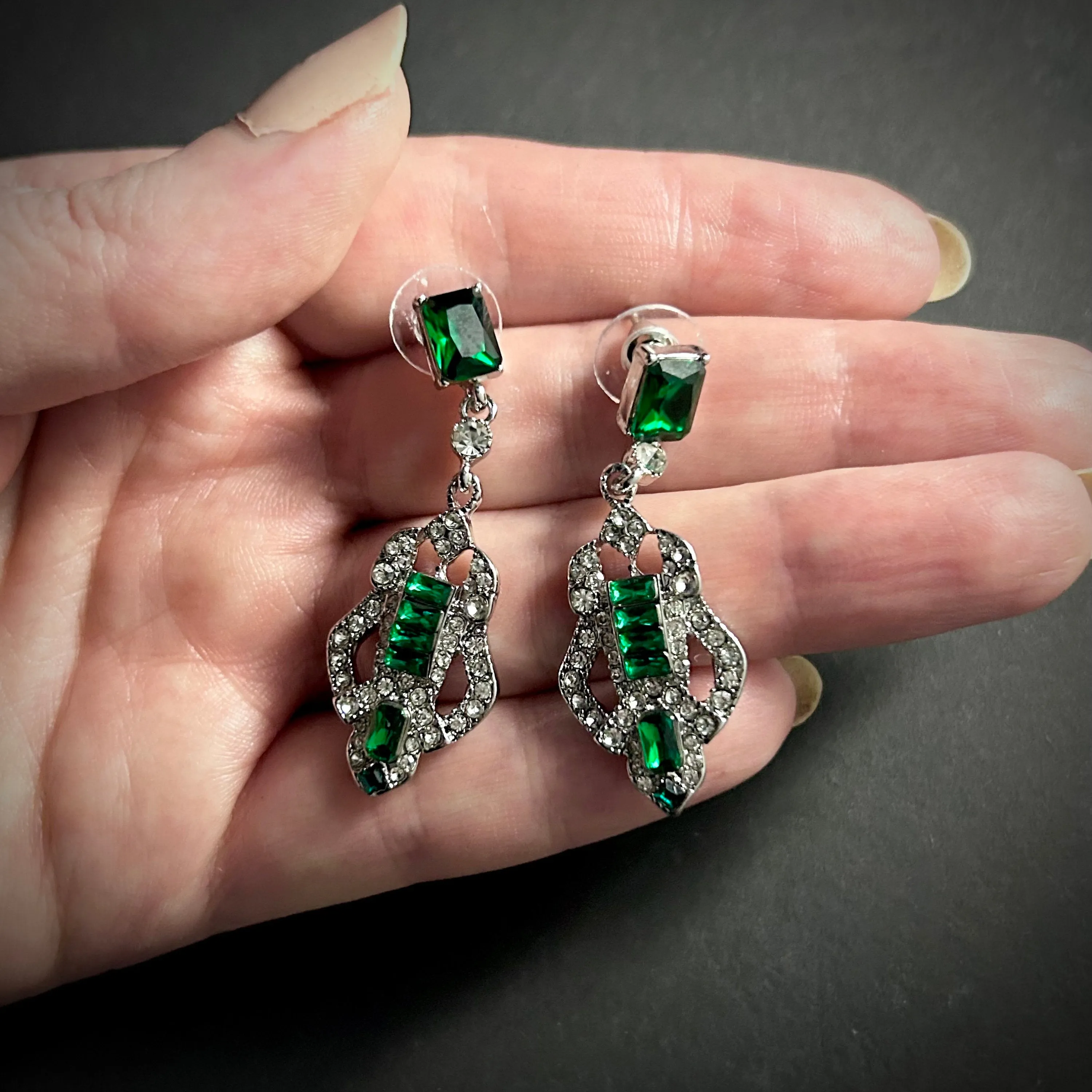 Art Deco Jewerly Set in Silver, Emerald & Rhinestones