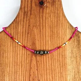 Aztec Seed Beaded Choker Necklace with Silver Beads in Pink