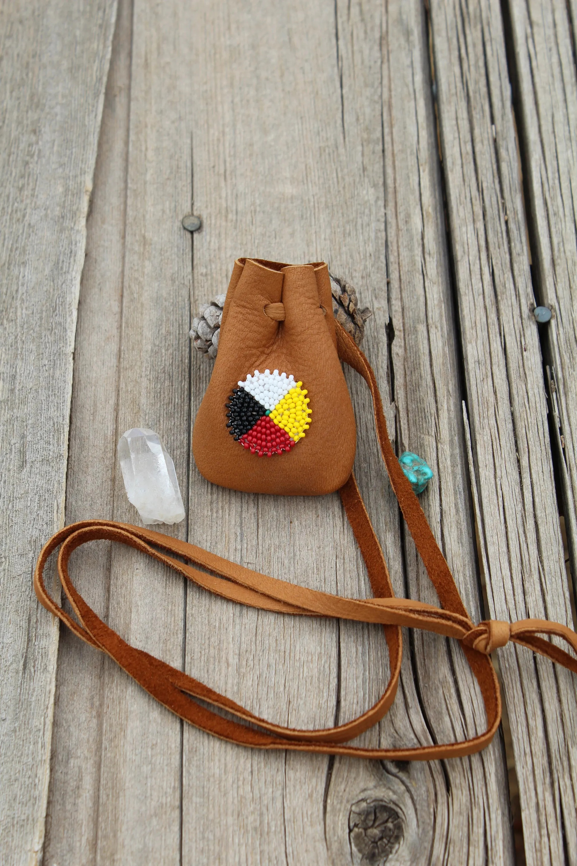 Beaded four directions buckskin medicine bag, shamans bag, necklace bag