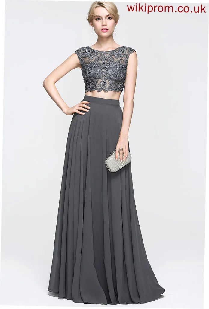 Beading Prom Dresses With Neck Tiara Floor-Length Scoop Sequins A-Line Chiffon