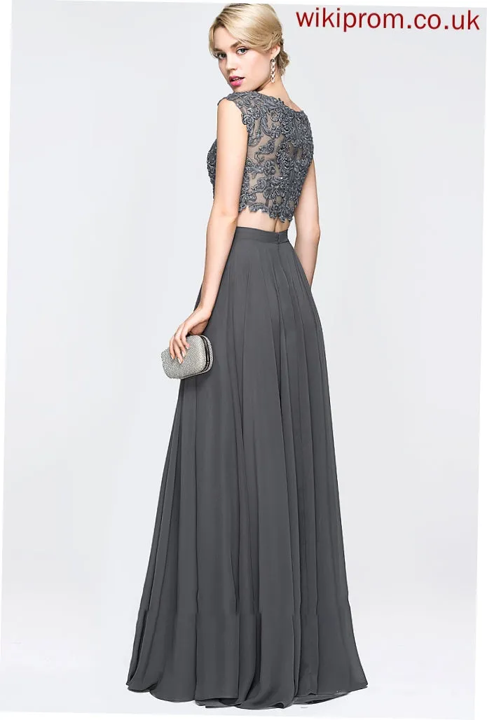 Beading Prom Dresses With Neck Tiara Floor-Length Scoop Sequins A-Line Chiffon