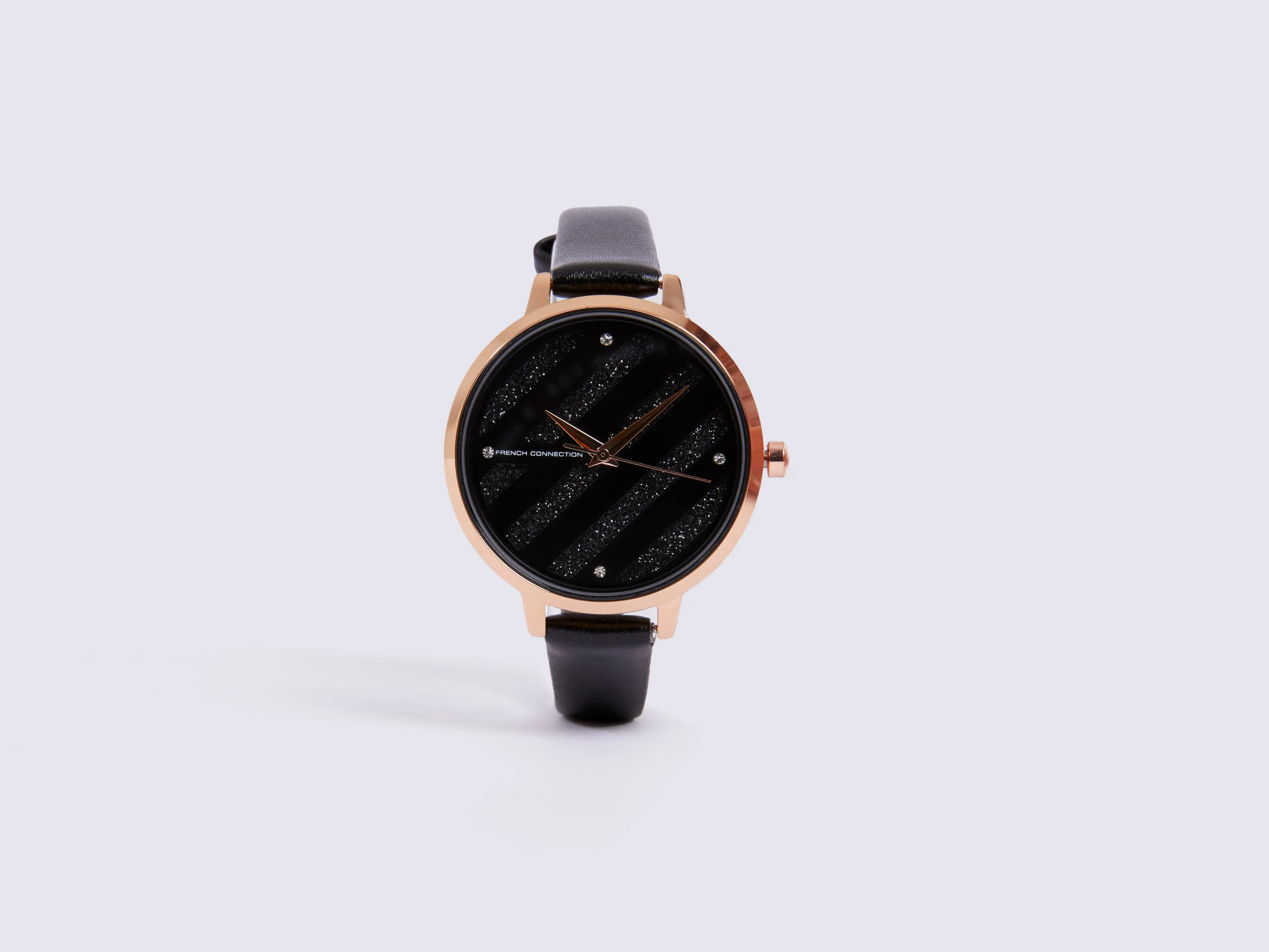 Black Leather Strap Watch with Black Glitter Dial