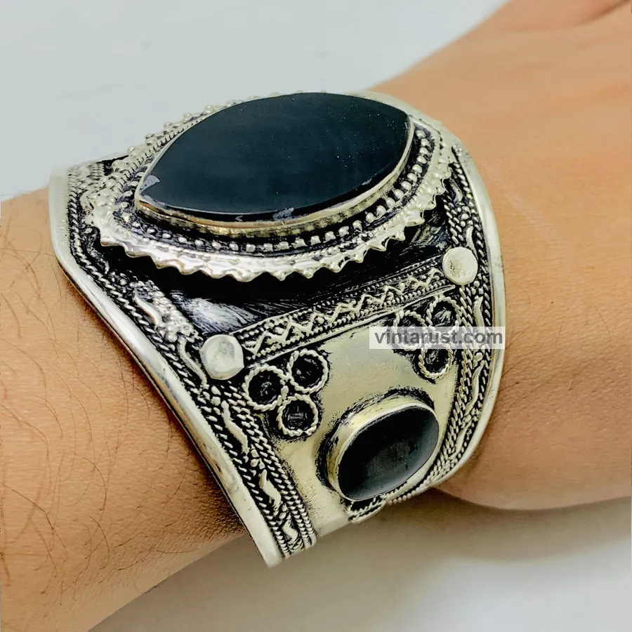 Black Stone Adjustable Handmade Cuff Bracelet