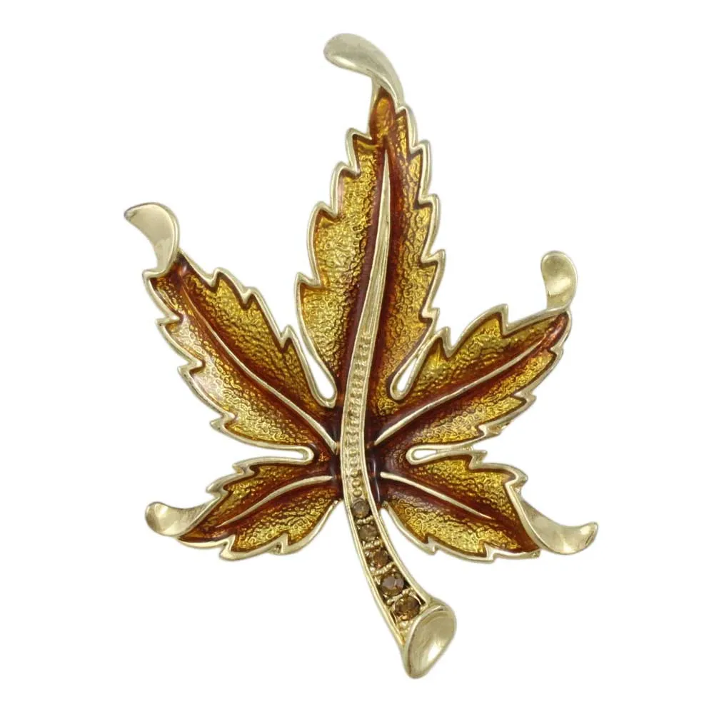 Brown Enamel and Crystal Maple Leaf Brooch Pin - PRL340F