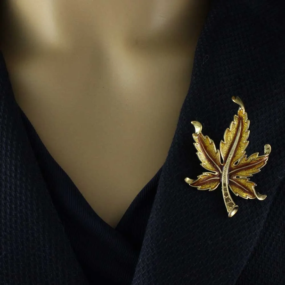 Brown Enamel and Crystal Maple Leaf Brooch Pin - PRL340F