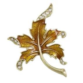 Brown Enamel and Crystals Curled Maple Leaf Brooch Pin - PRL343