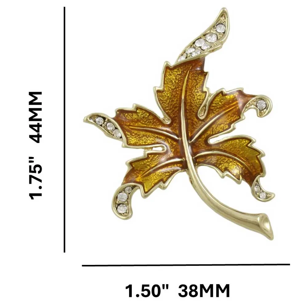 Brown Enamel and Crystals Curled Maple Leaf Brooch Pin - PRL343