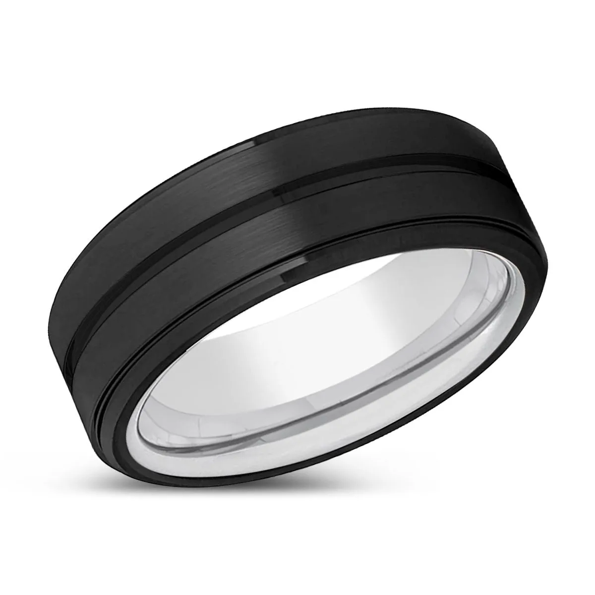 BULLETPROOF | Silver Ring, Black Tungsten Ring, Grooved, Stepped Edge