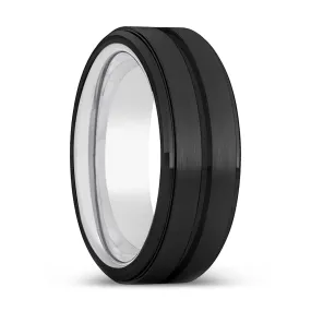 BULLETPROOF | Silver Ring, Black Tungsten Ring, Grooved, Stepped Edge