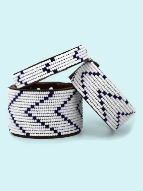 Chevron Dark Blue Beaded Leather Cuff