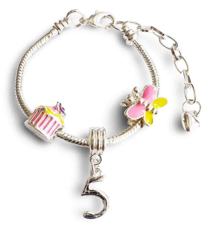 Children's Adjustable 'Happy Birthday To You - Age 5' Silver Plated Charm Bead Bracelet