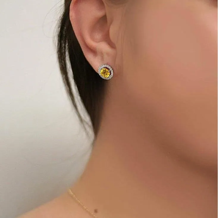 Citrine Diamond Halo Stud Earrings