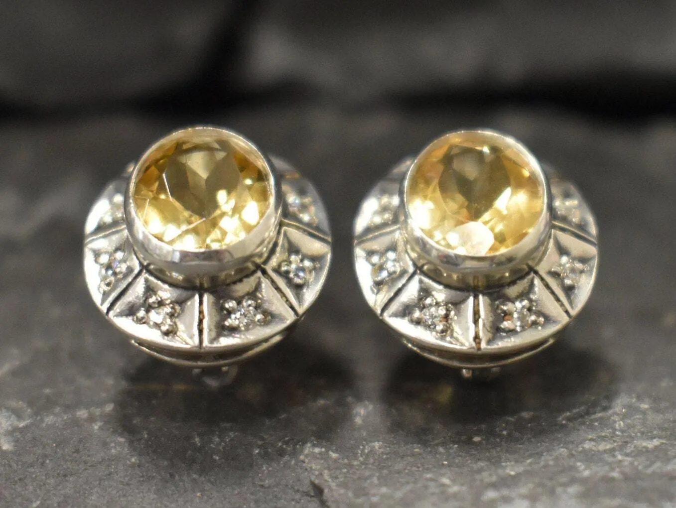 Citrine Earrings - Yellow Boho Studs - Vintage Tribal Earrings